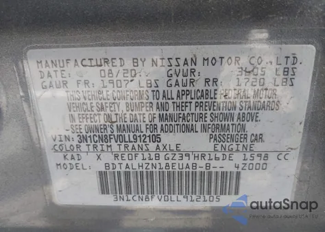 2020 Nissan Versa Sr Xtronic Cvt from USA, damaged, VIN 3N1CN8FV0LL912105